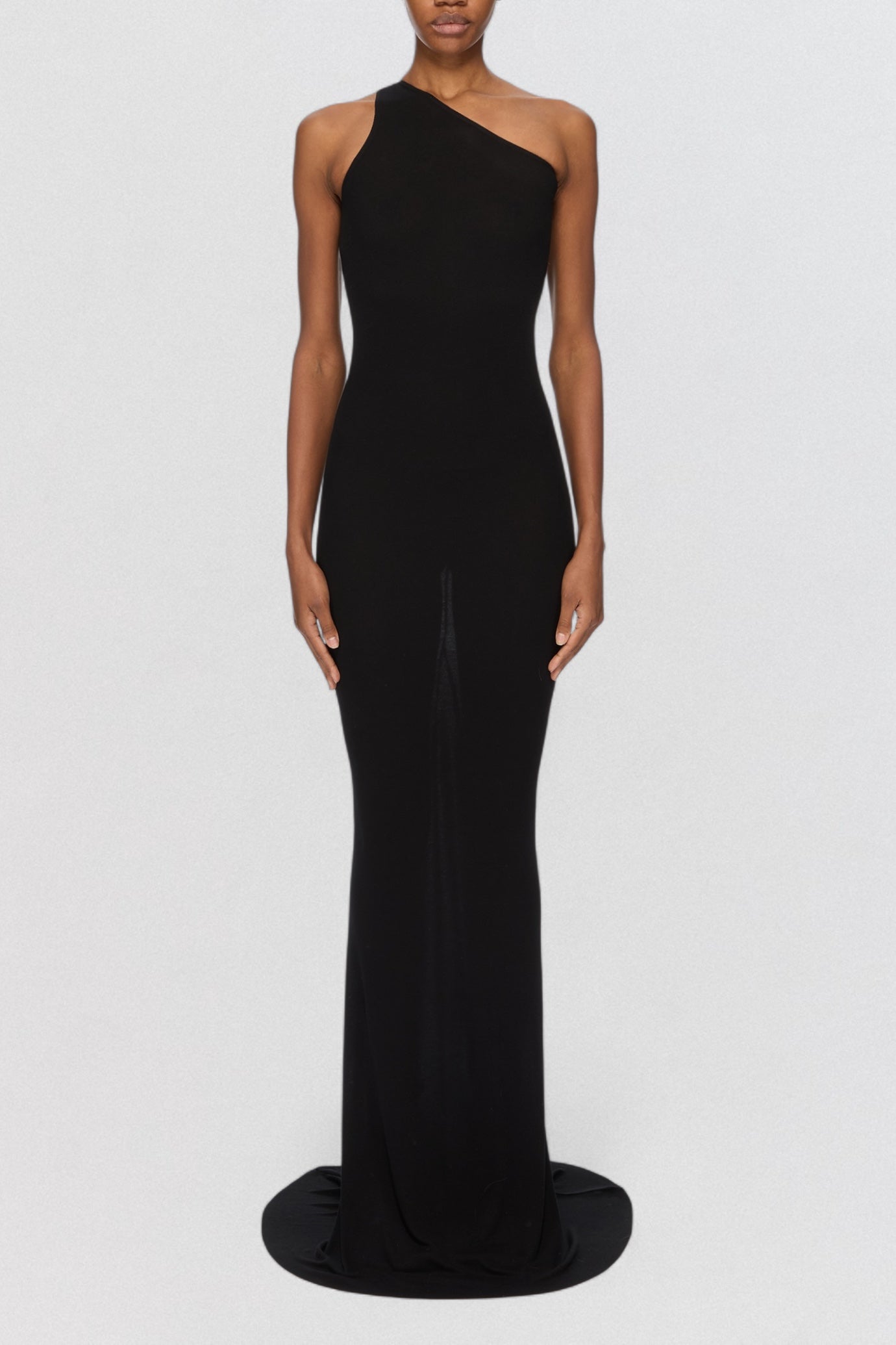 Rick Owens Lilies Abito One Shoulder Gown in black jersey with full length asymmetric silhouette