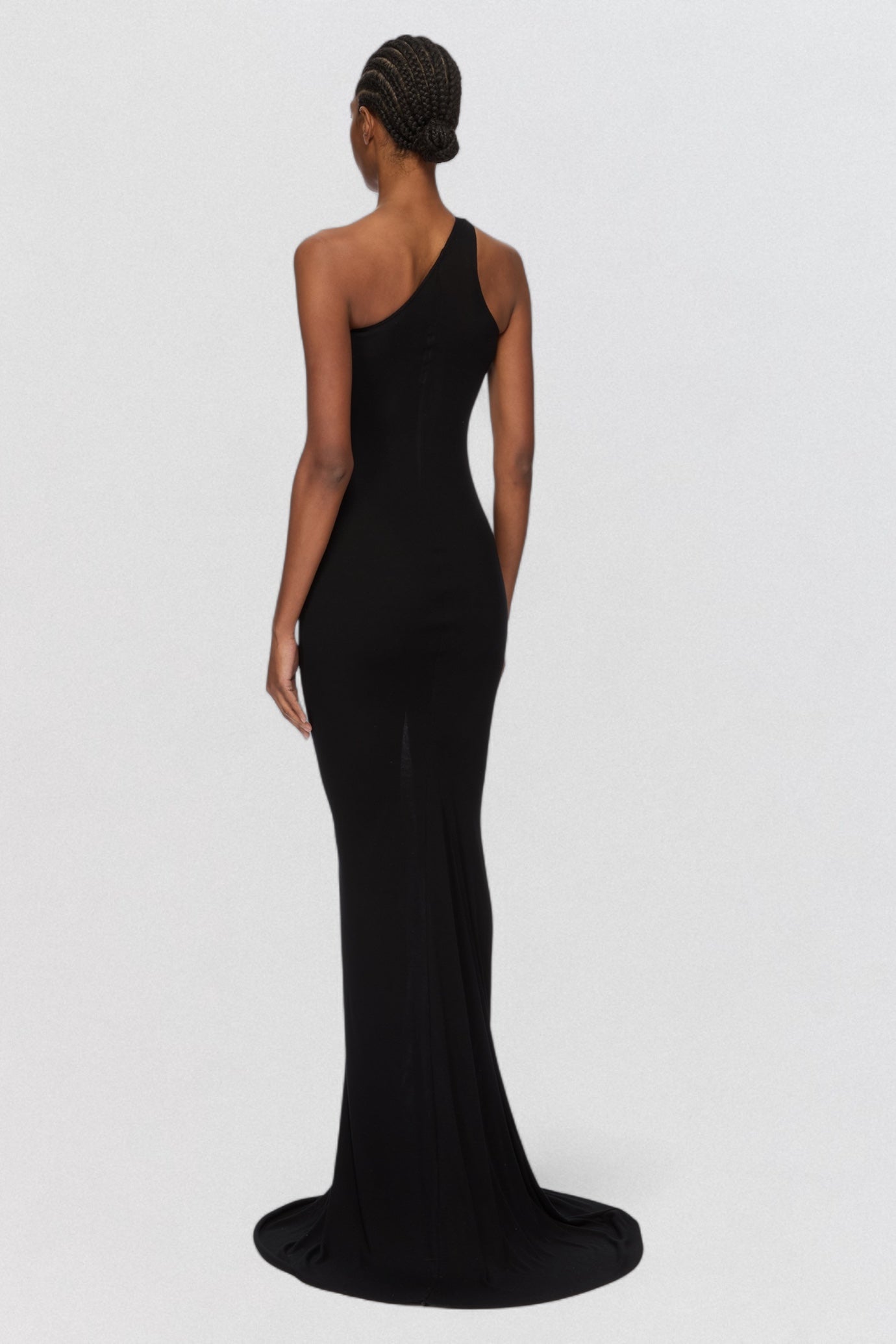 Rick Owens Lilies Abito One Shoulder Gown in black jersey with full length asymmetric silhouette