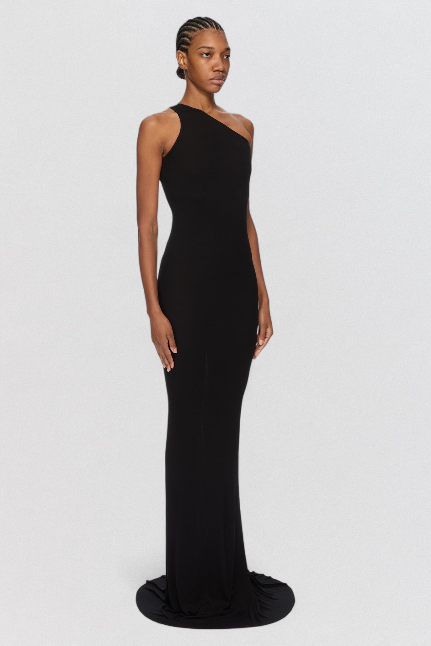 Rick Owens Lilies Abito One Shoulder Gown in black jersey with full length asymmetric silhouette