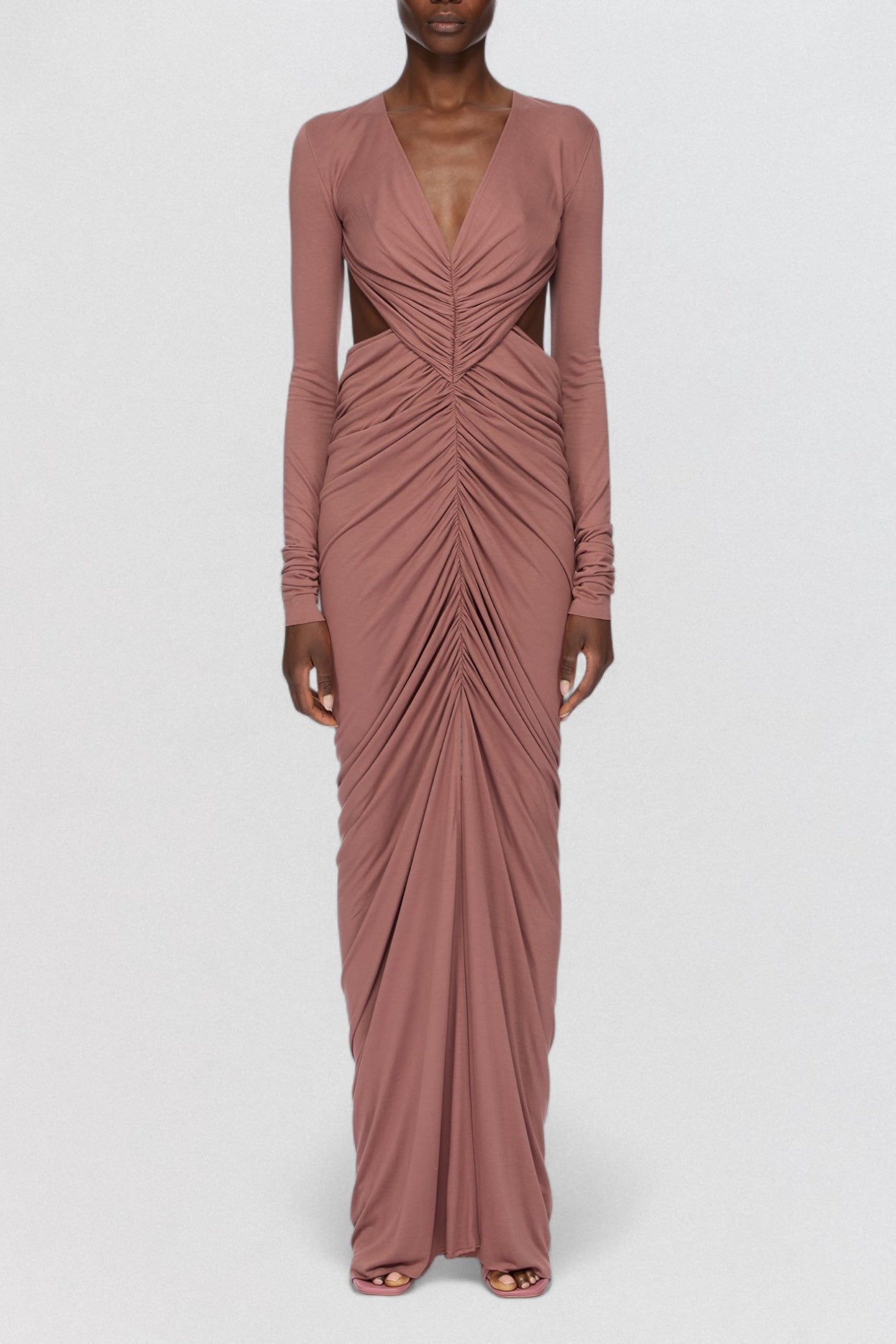Rick Owens Lilies Abito Poppy Long Sleeve Gown in dusty rose jersey with long sleeve draped shape