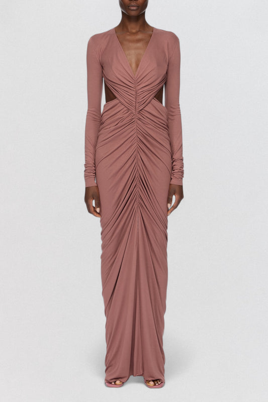 Rick Owens Lilies Abito Poppy Long Sleeve Gown in dusty rose jersey with long sleeve draped shape