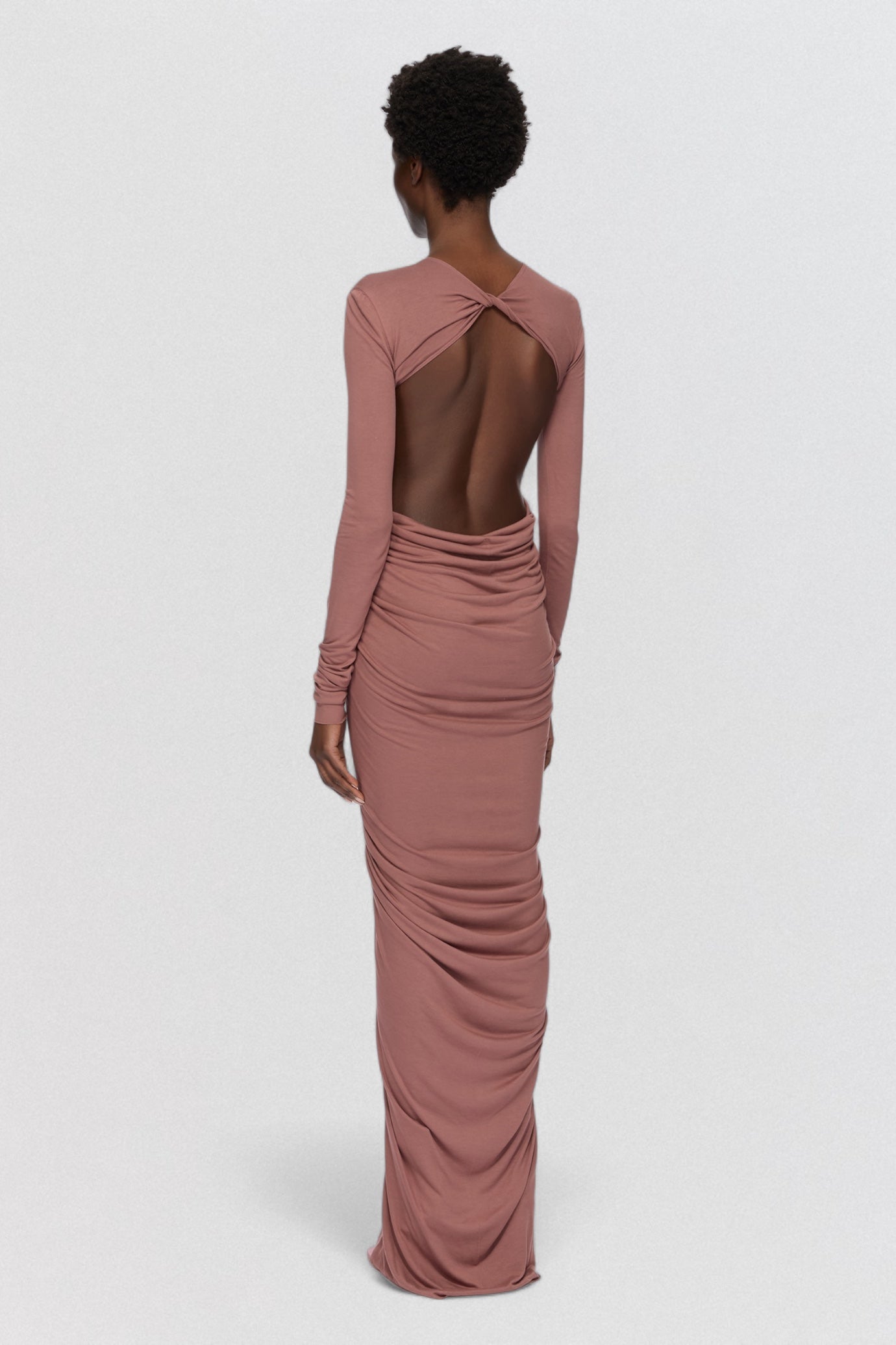 Rick Owens Lilies Abito Poppy Long Sleeve Gown in dusty rose jersey with long sleeve draped shape