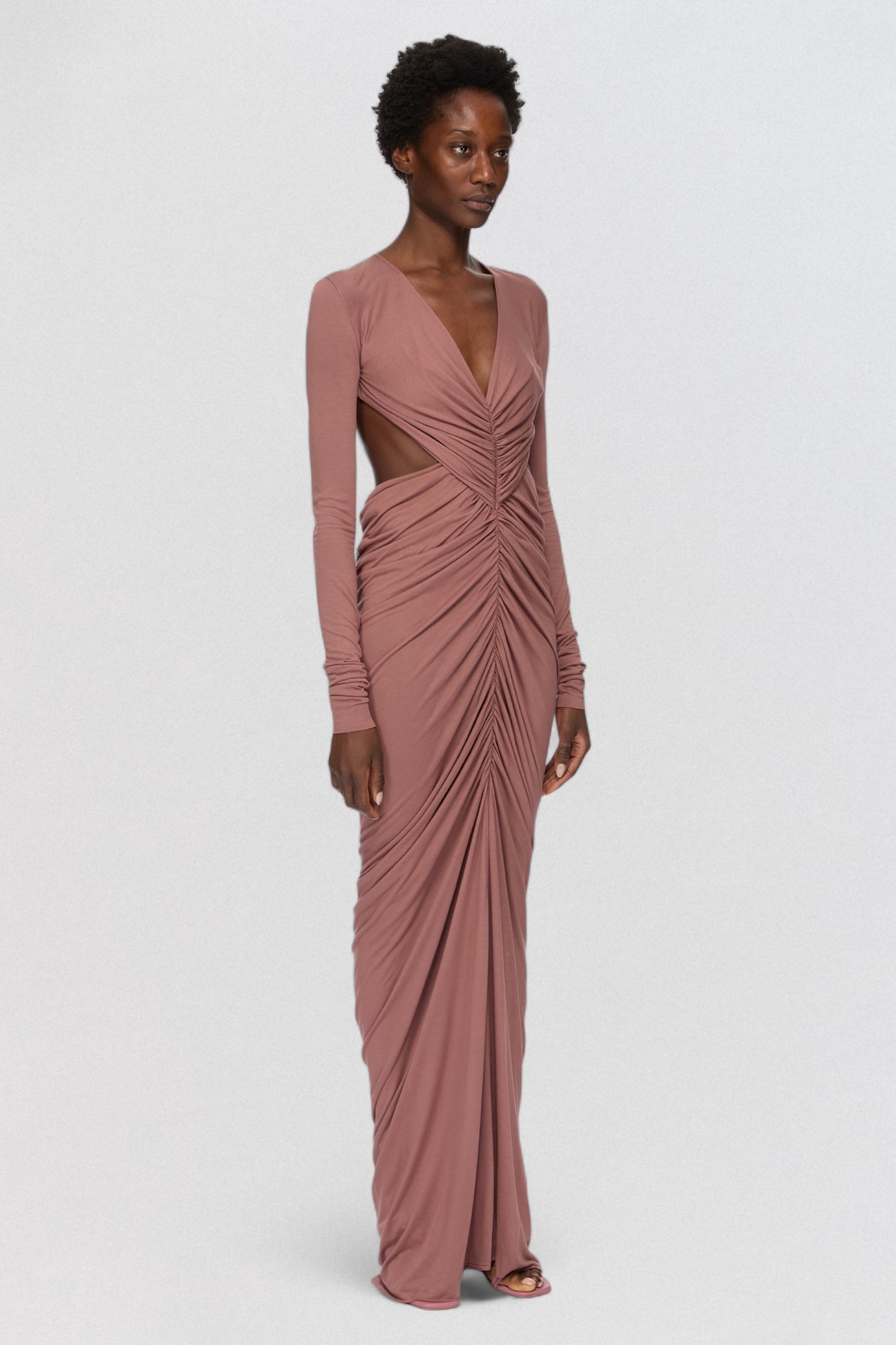 Rick Owens Lilies Abito Poppy Long Sleeve Gown in dusty rose jersey with long sleeve draped shape