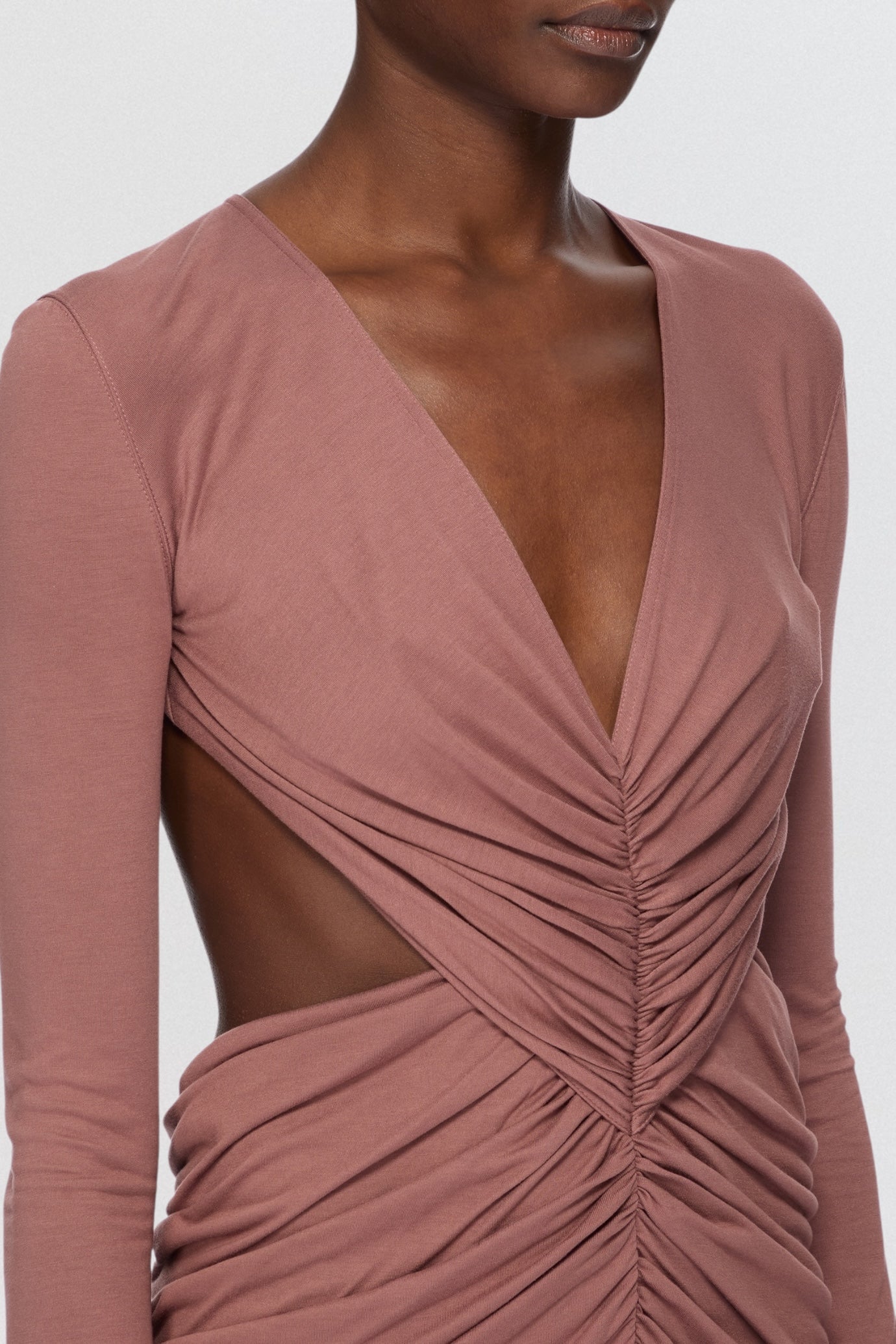 Rick Owens Lilies Abito Poppy Long Sleeve Gown in dusty rose jersey with long sleeve draped shape