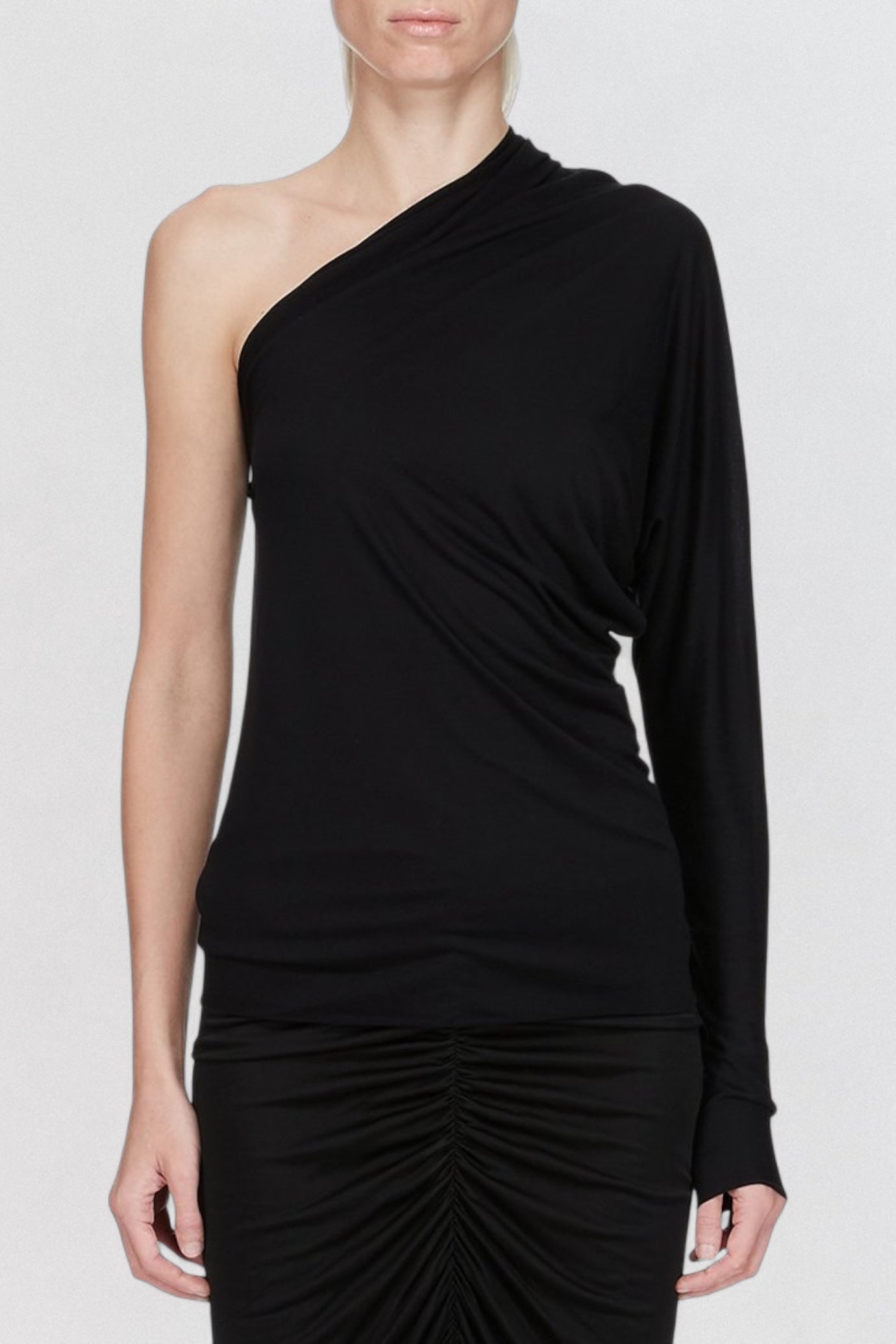 Rick Owens Lilies Diana T Shirt in black draped jersey with one shoulder construction
