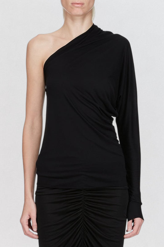 Rick Owens Lilies Diana T Shirt in black draped jersey with one shoulder construction