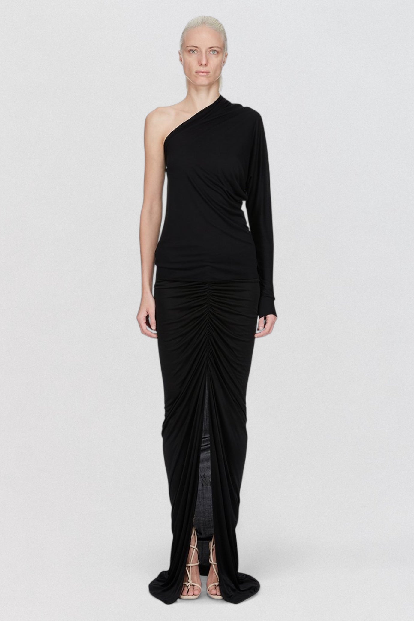 Rick Owens Lilies Diana T Shirt in black draped jersey with one shoulder construction