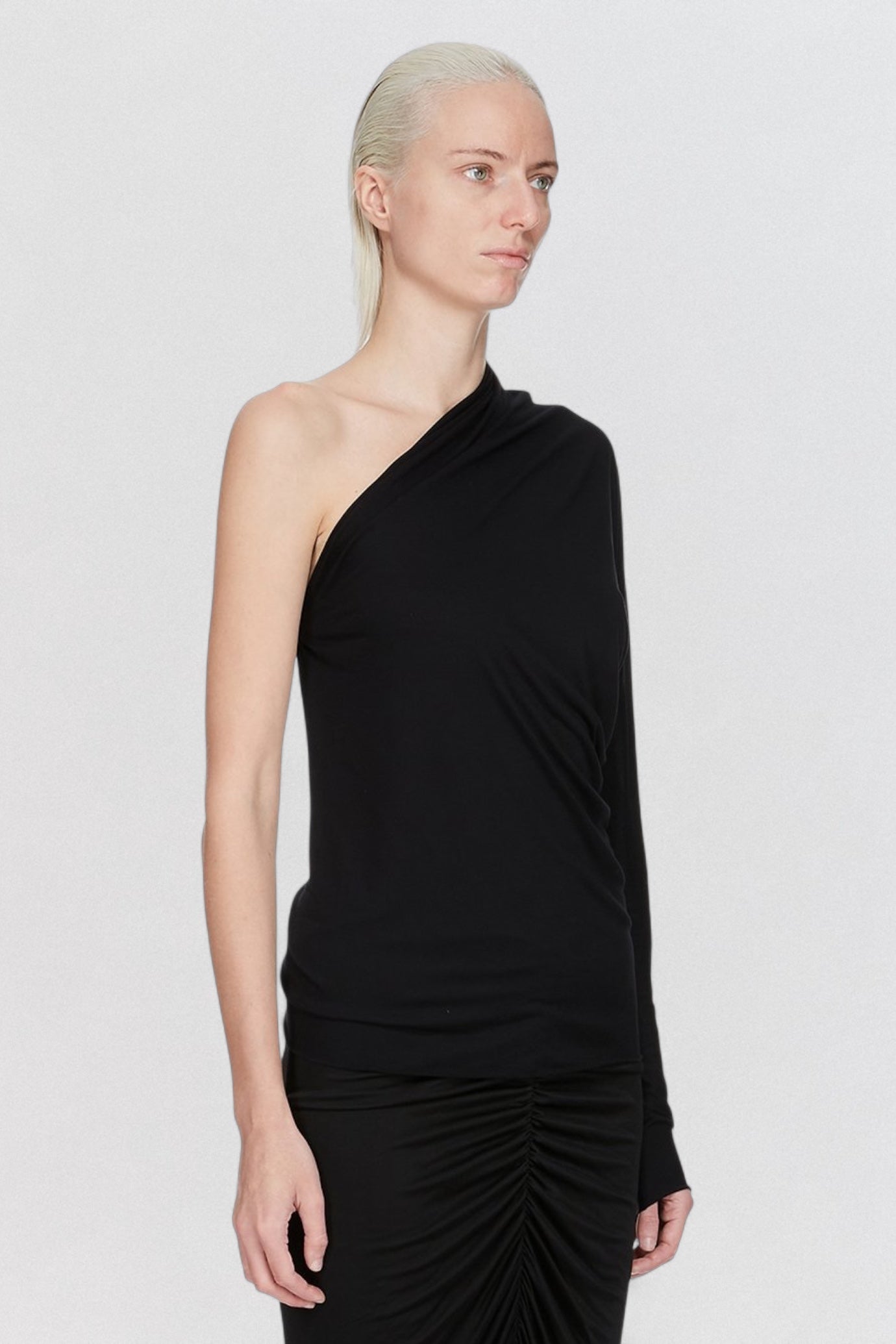 Rick Owens Lilies Diana T Shirt in black draped jersey with one shoulder construction
