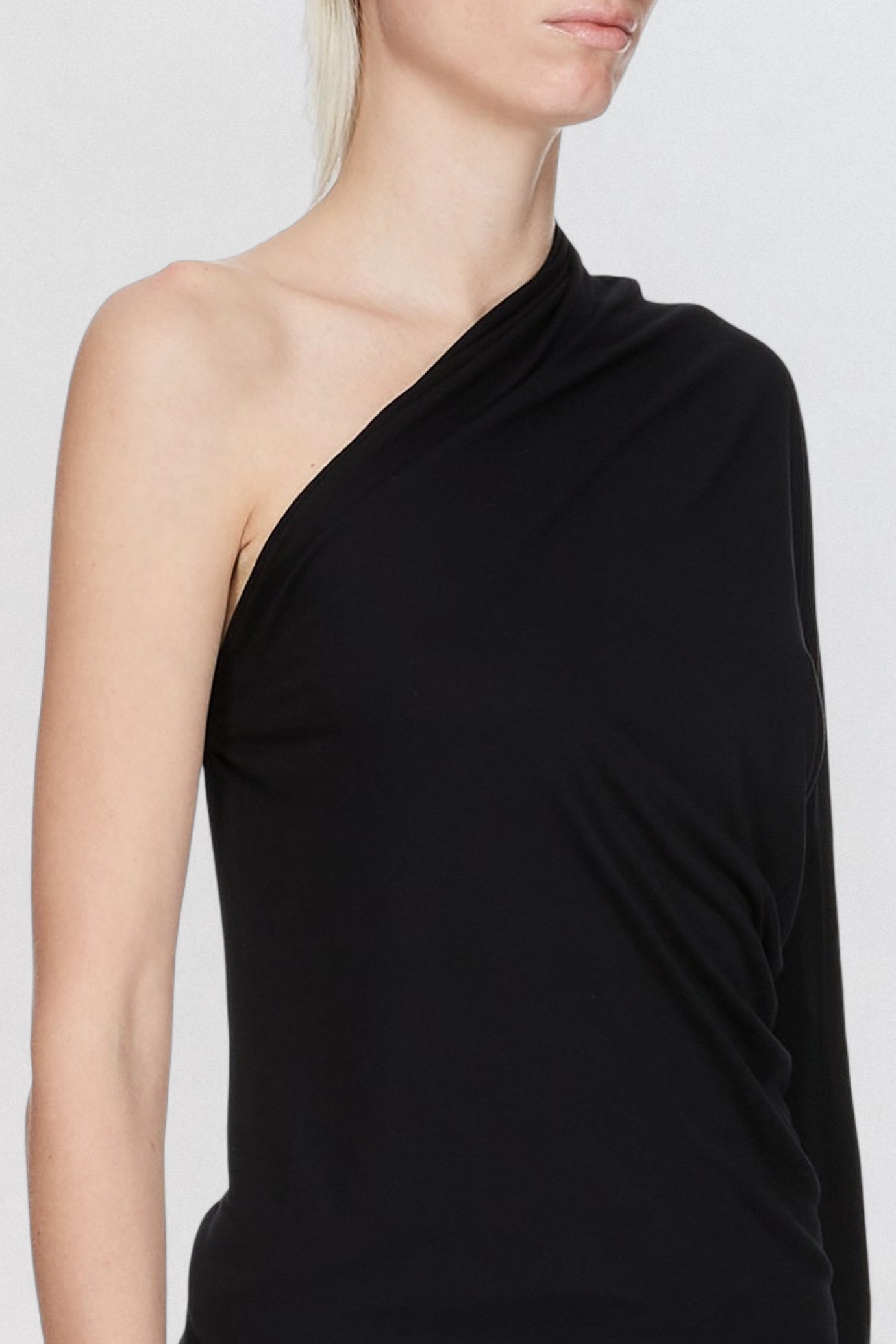 Rick Owens Lilies Diana T Shirt in black draped jersey with one shoulder construction