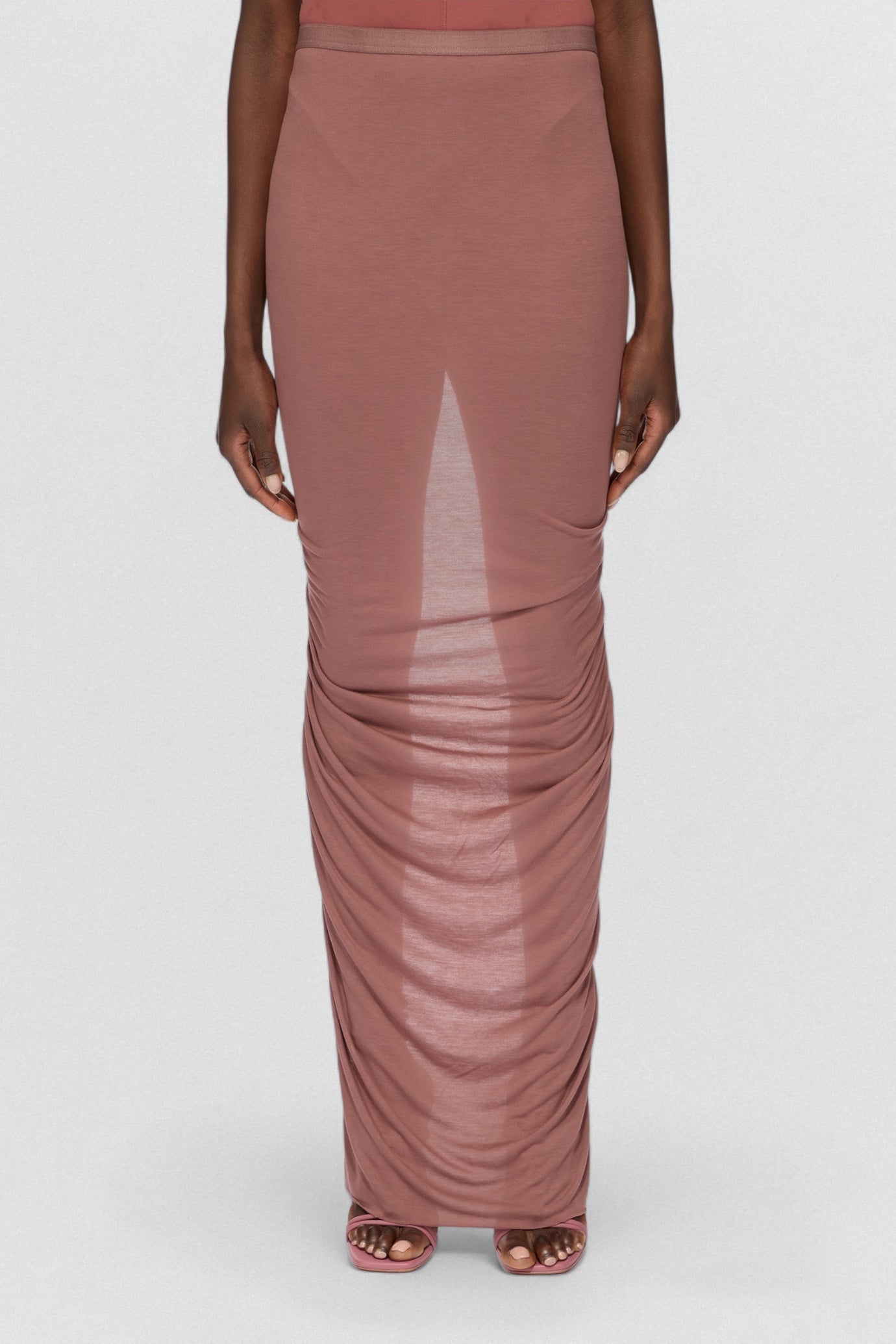 Rick Owens Lilies Gonna Eva Skirt in dusty pink jersey with ruched body skimming silhouette