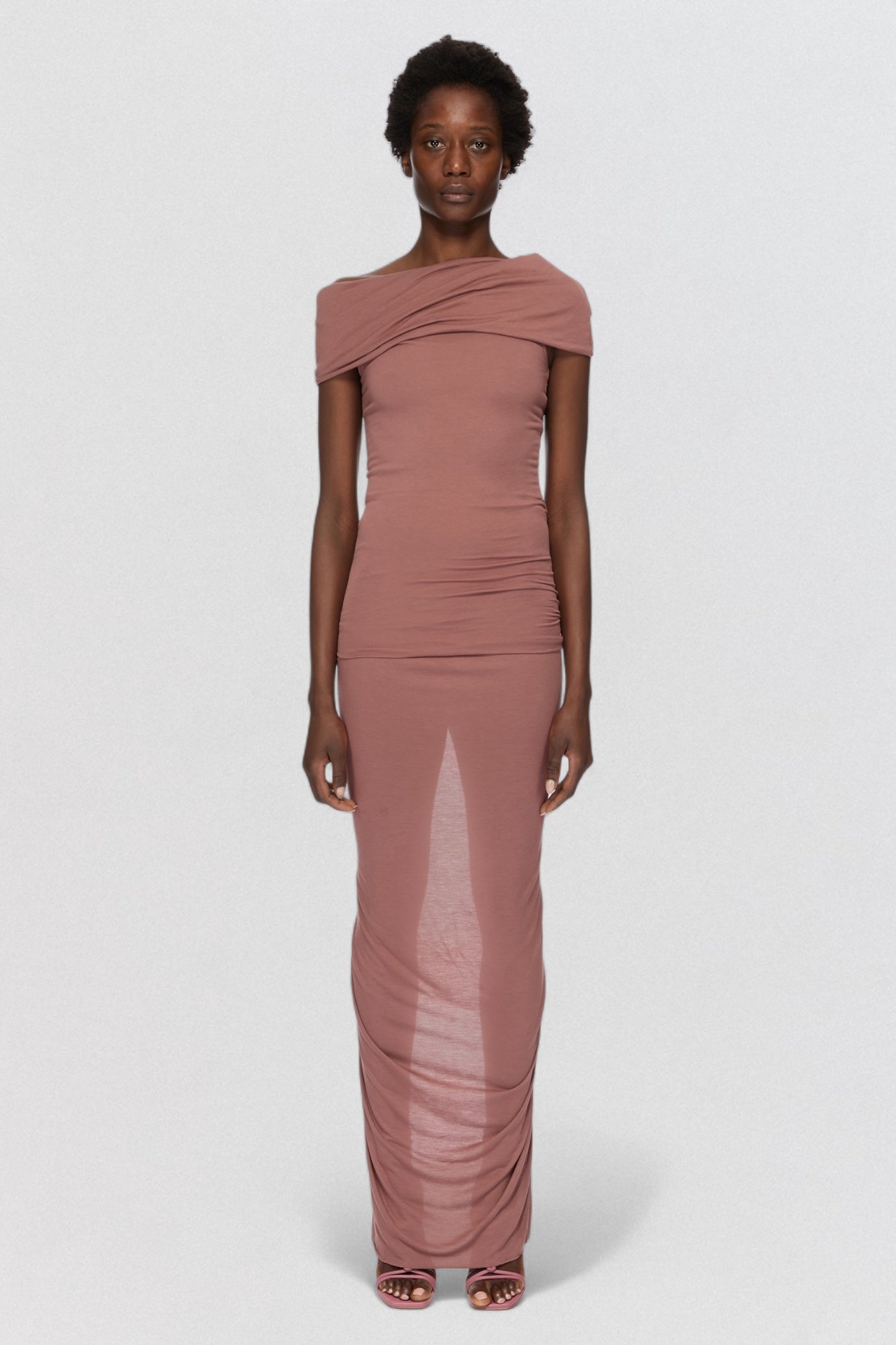 Rick Owens Lilies Gonna Eva Skirt in dusty pink jersey with ruched body skimming silhouette