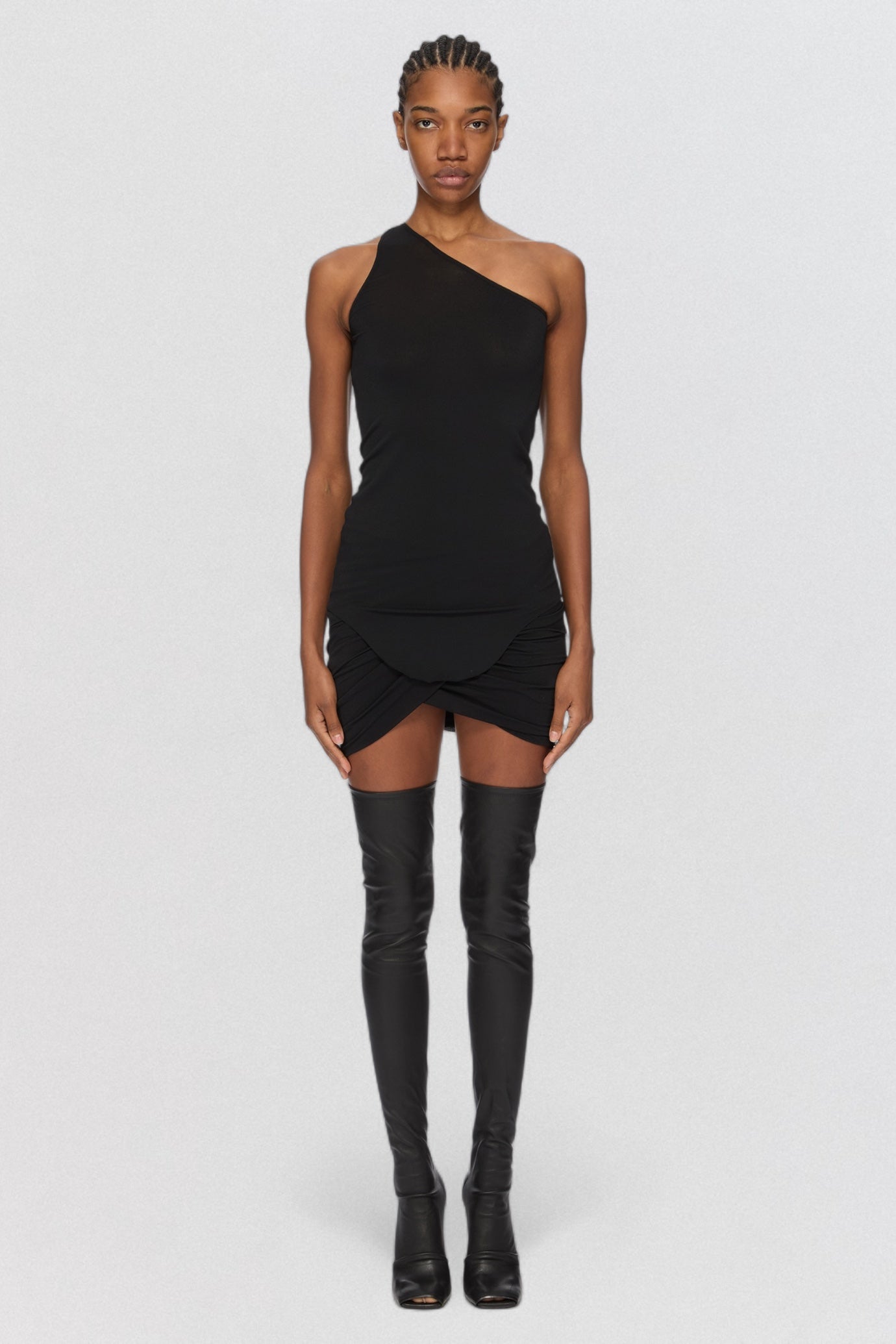 Rick Owens Lilies Luna Skirt in black stretch jersey with asymmetric draped silhouette