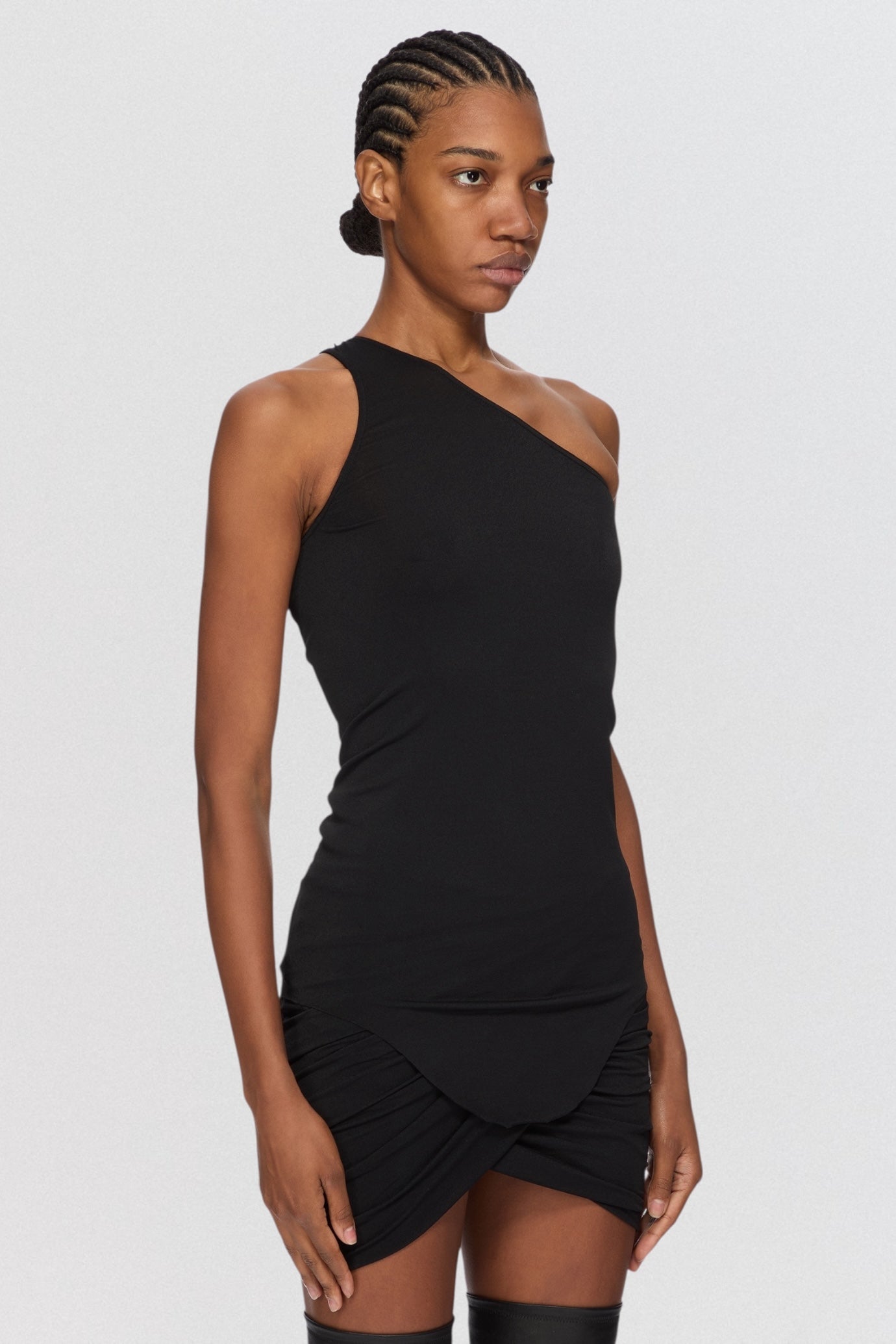 Rick Owens Lilies One Shoulder Tank Top in black stretch jersey with asymmetric neckline