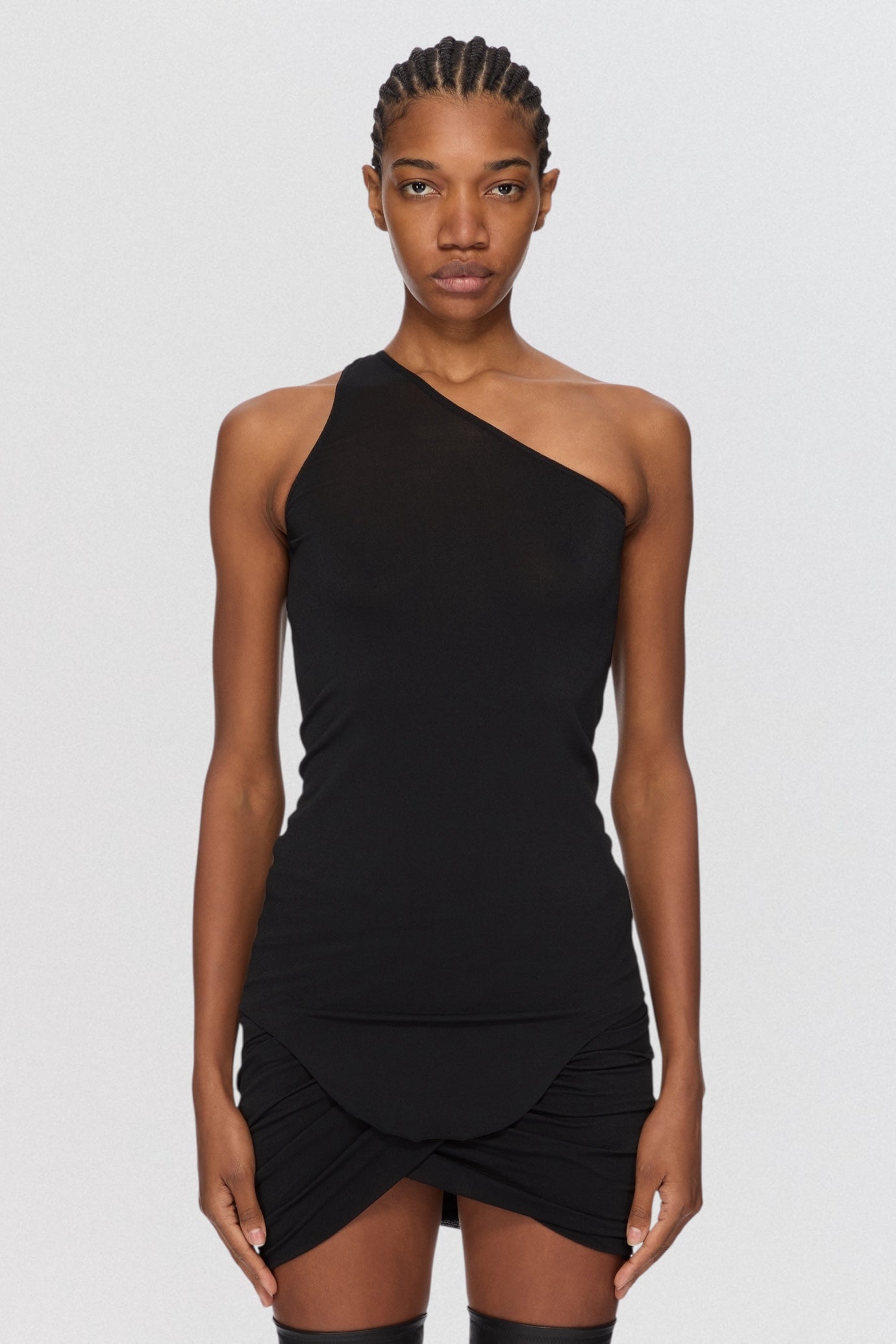 Rick Owens Lilies One Shoulder Tank Top in black stretch jersey with asymmetric neckline