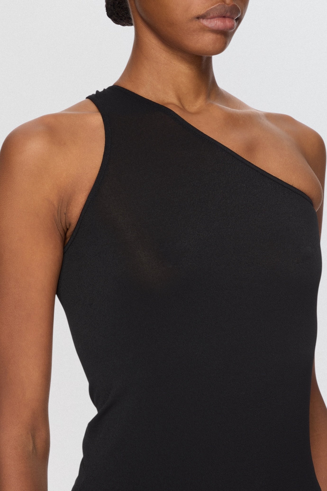 Rick Owens Lilies One Shoulder Tank Top in black stretch jersey with asymmetric neckline
