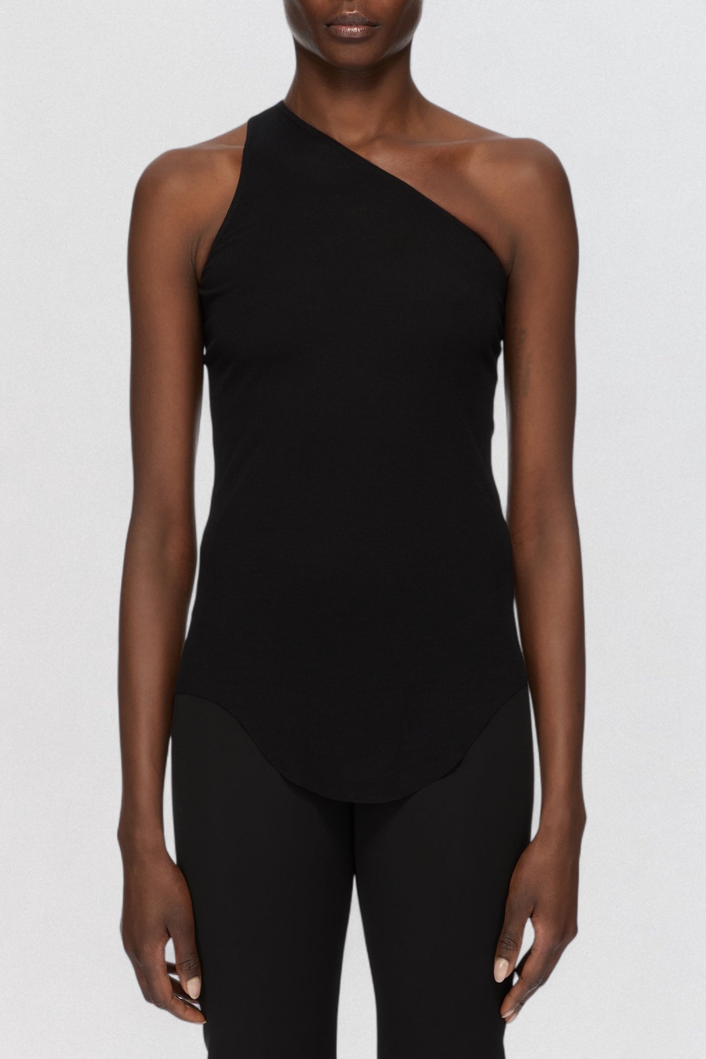 Rick Owens Lilies One Shoulder Tank Top in black draped jersey with asymmetric cut