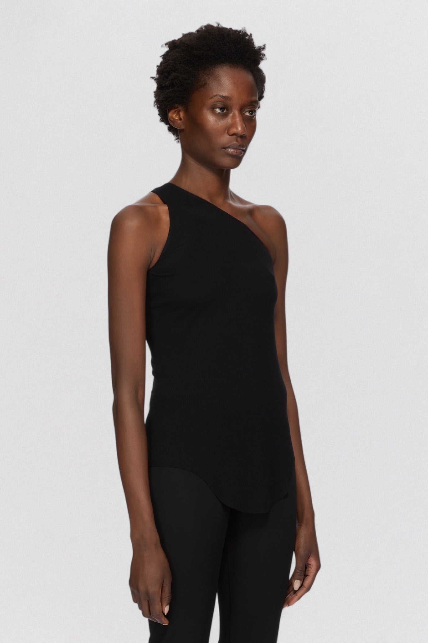 Rick Owens Lilies One Shoulder Tank Top in black draped jersey with asymmetric cut