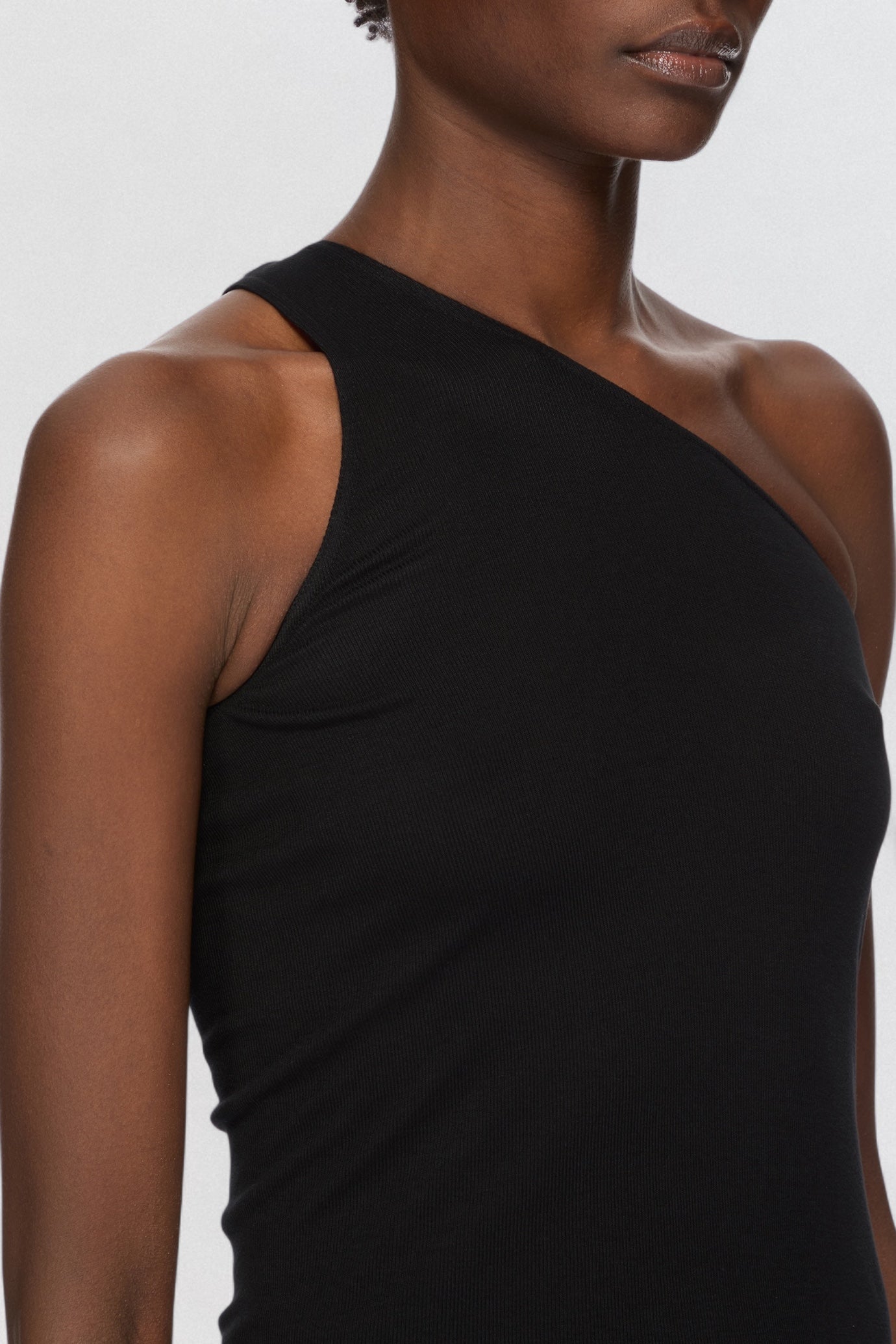 Rick Owens Lilies One Shoulder Tank Top in black draped jersey with asymmetric cut