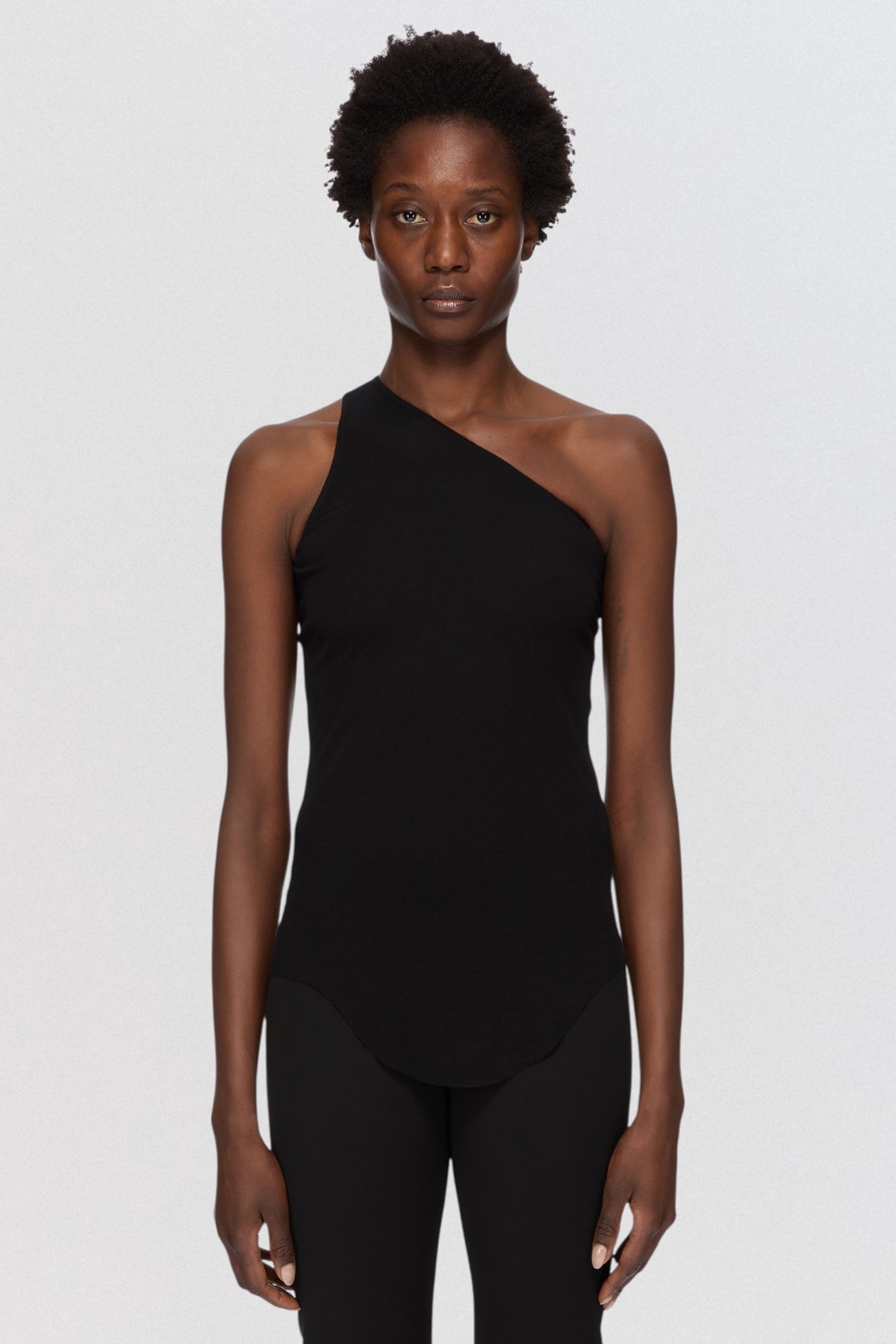 Rick Owens Lilies One Shoulder Tank Top in black draped jersey with asymmetric cut