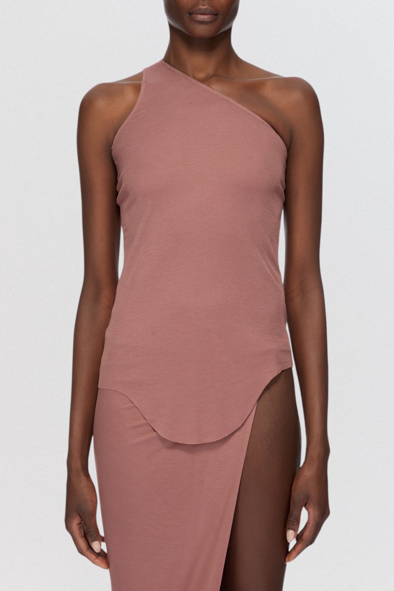 Rick Owens Lilies One Shoulder Tank Top in mauve stretch jersey with asymmetric neckline