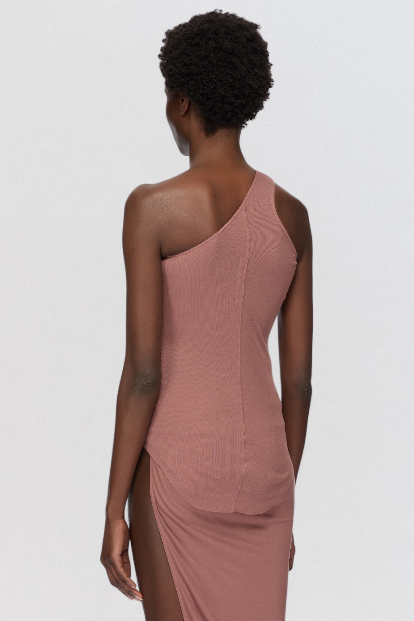 Rick Owens Lilies One Shoulder Tank Top in mauve stretch jersey with asymmetric neckline