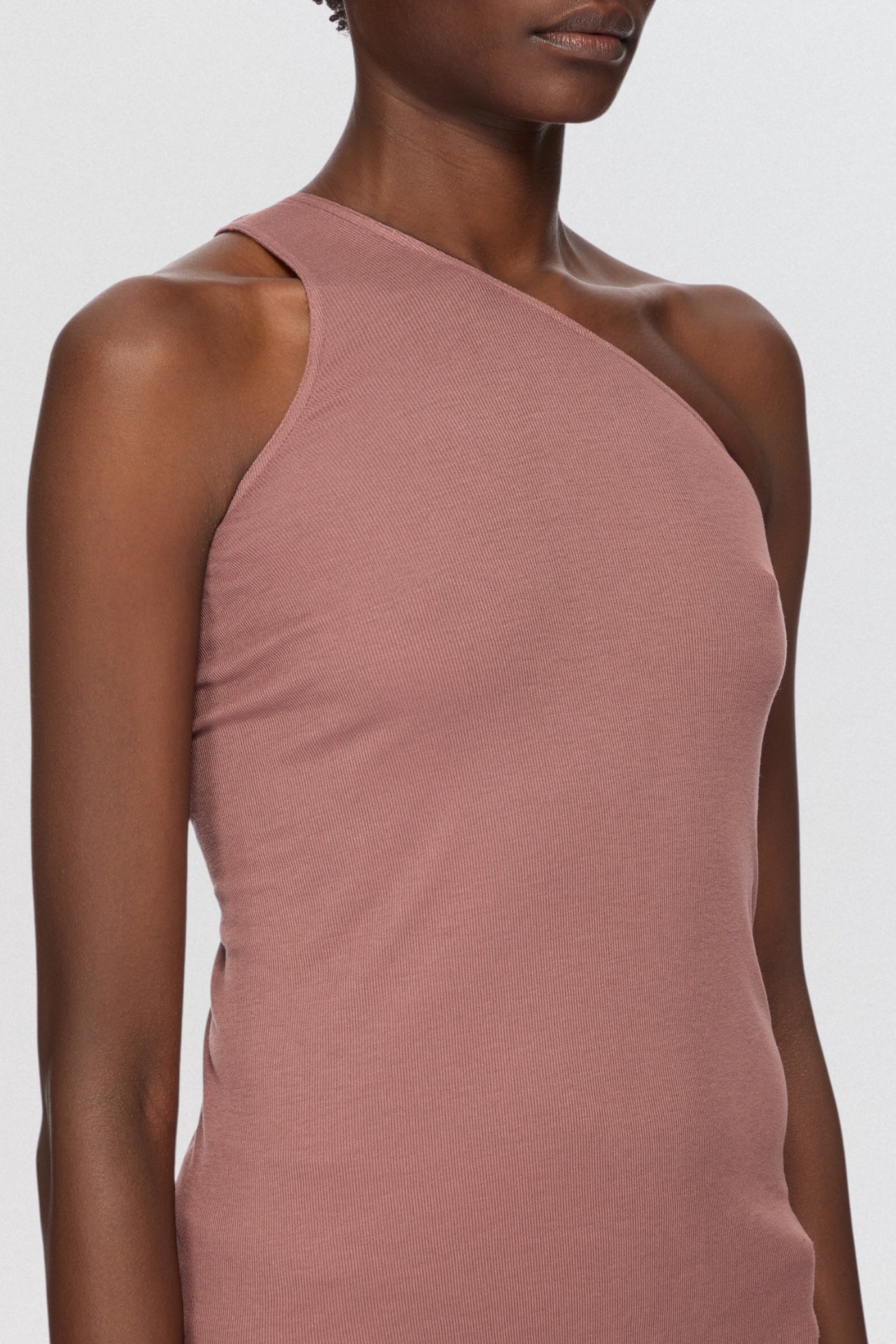 Rick Owens Lilies One Shoulder Tank Top in mauve stretch jersey with asymmetric neckline