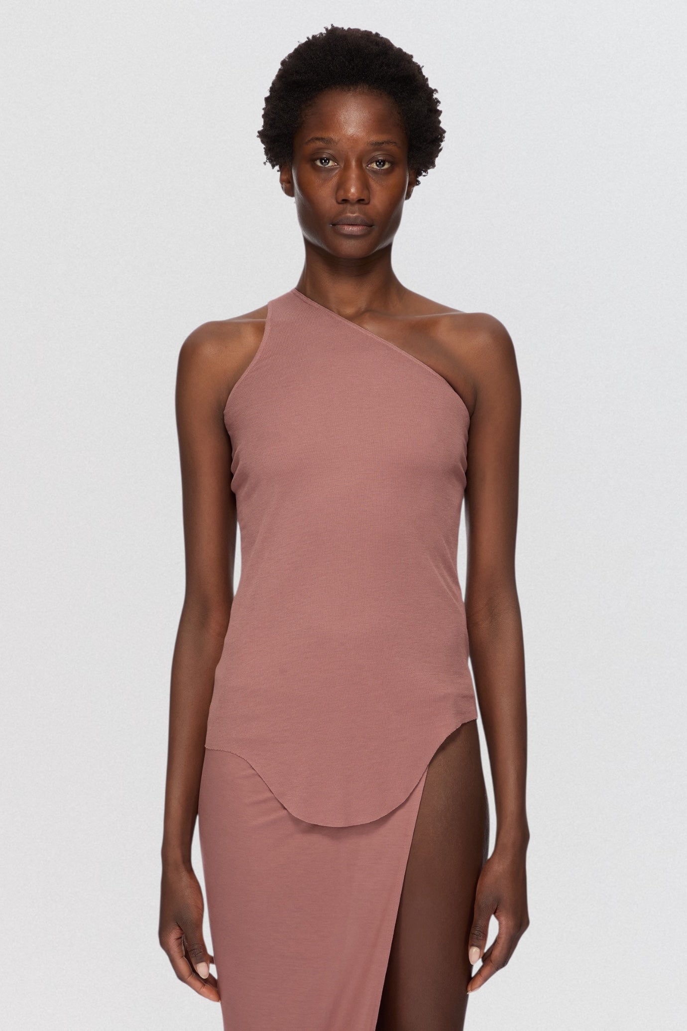 Rick Owens Lilies One Shoulder Tank Top in mauve stretch jersey with asymmetric neckline