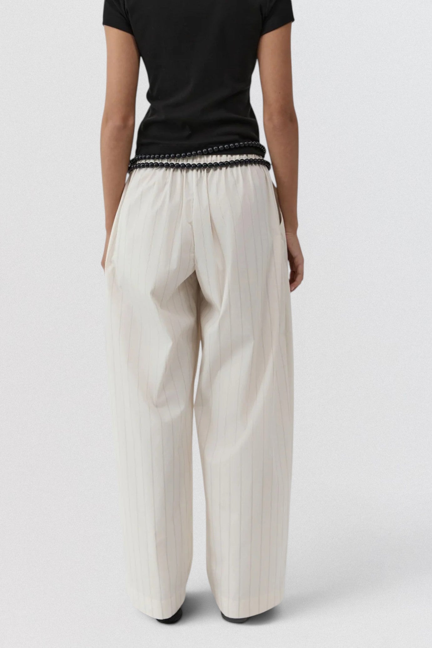 ST. AGNI Everyday Relaxed Pants in Ecru Stripe with wide leg silhouette and elasticated waistband