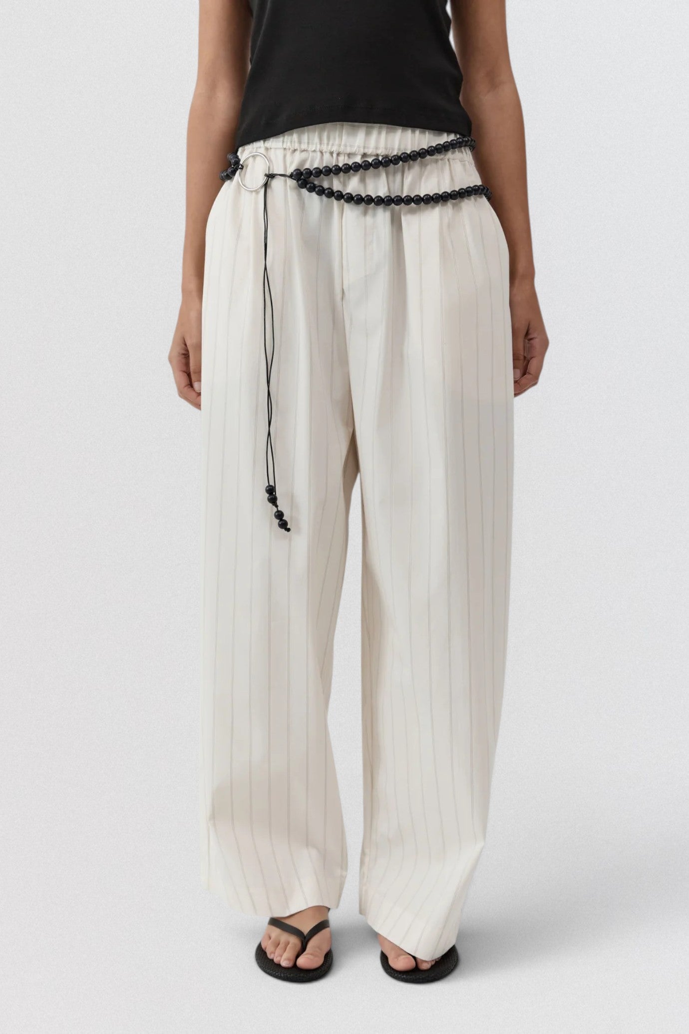 ST. AGNI Everyday Relaxed Pants in Ecru Stripe with wide leg silhouette and elasticated waistband