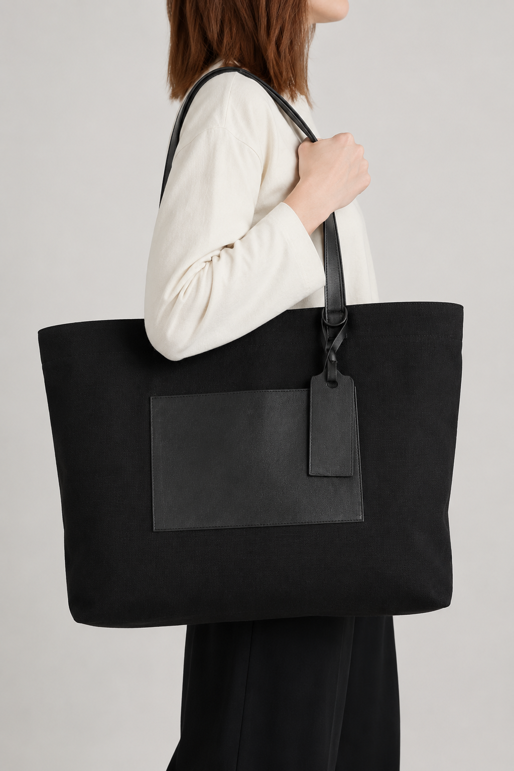Tagliovivo Shopper Bag in Skylark with vintage fabric body, hand dyed leather pocket, and raw iron ring detail